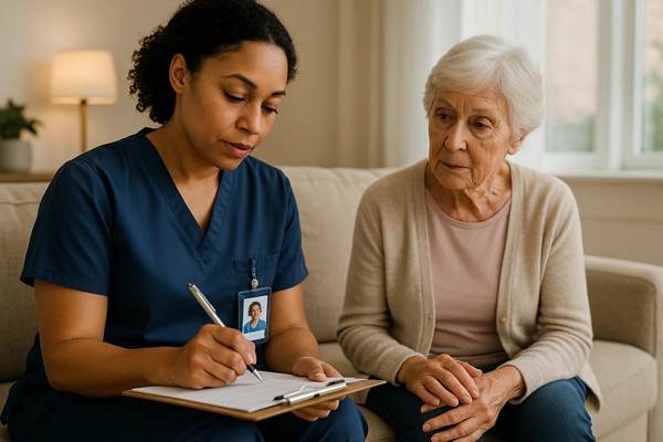 Nurse assisting elderly woman at home healthcare visit.