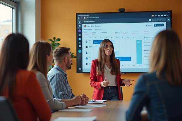 Businesswoman giving presentation to team with health care analytics on screen.