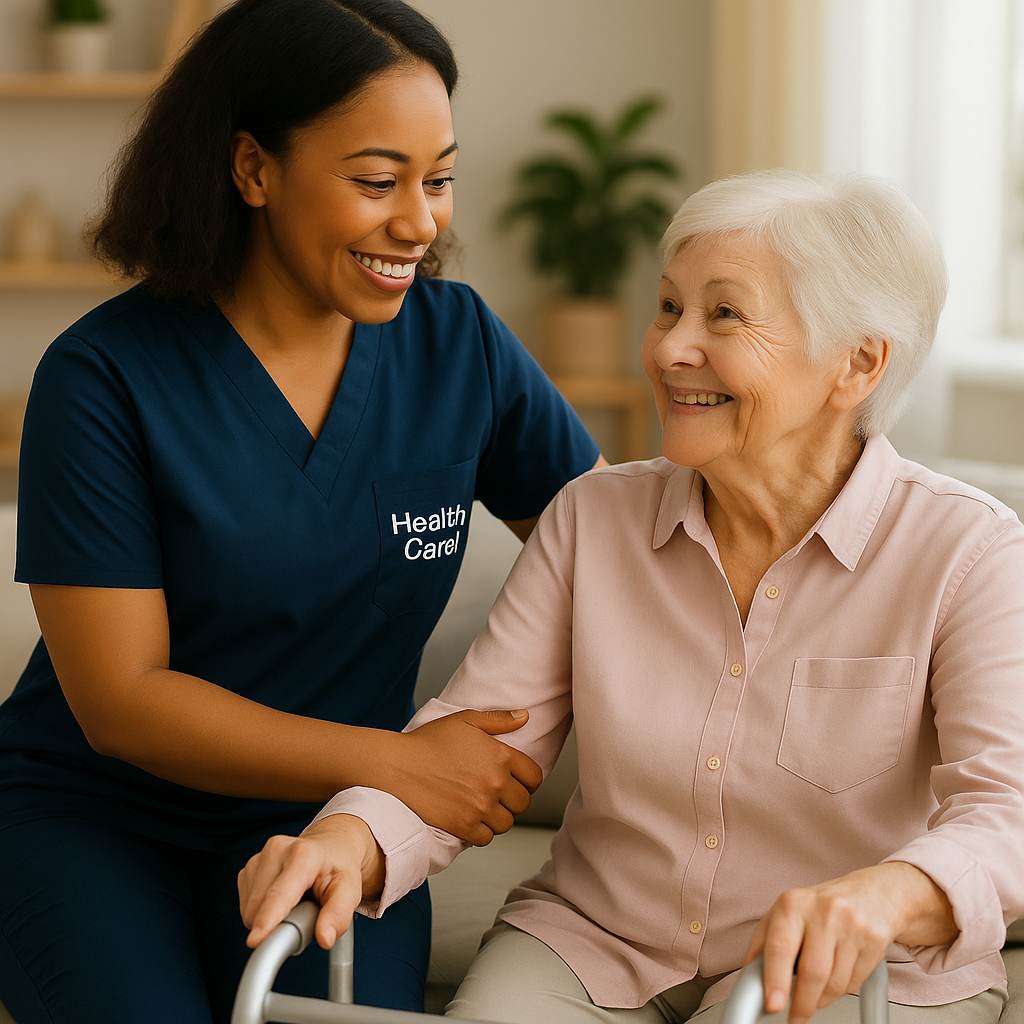 Nurse assisting elderly woman with walker during home healthcare visit.